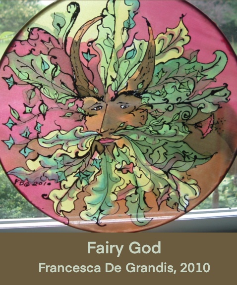 Fairy God, Francesca De Grandis, 2010. Painting of a foliate face with deer horns.